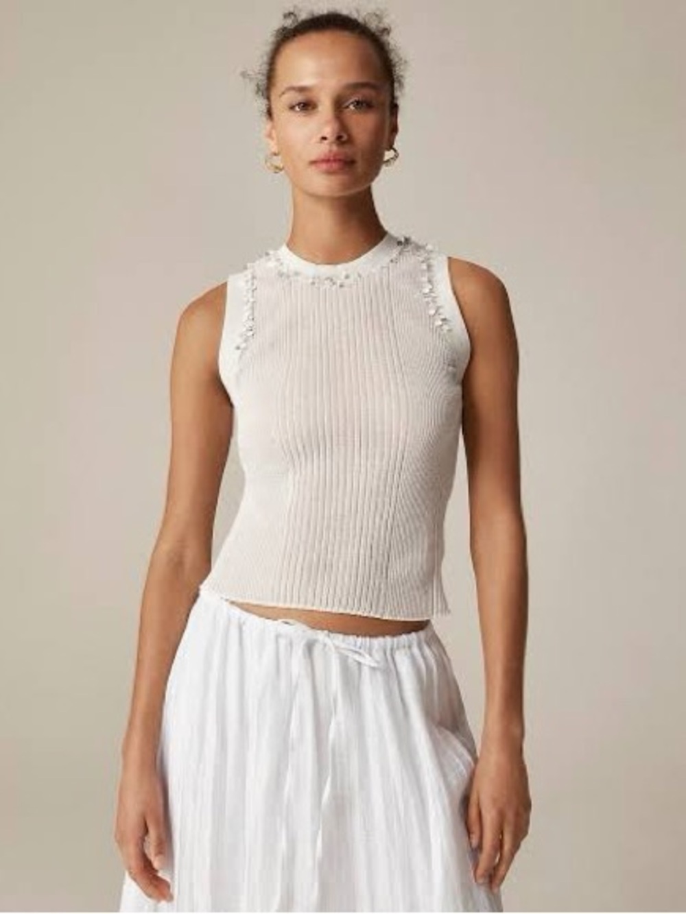 J. Crew Cream Ribbed Sleeveless Tank with Floral Trim